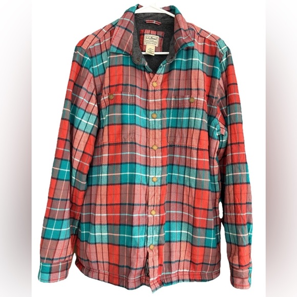 Men's LL Bean Fleece Lined Red Plaid Button Down Shacket Medium Casual Pillowy - Picture 1 of 7